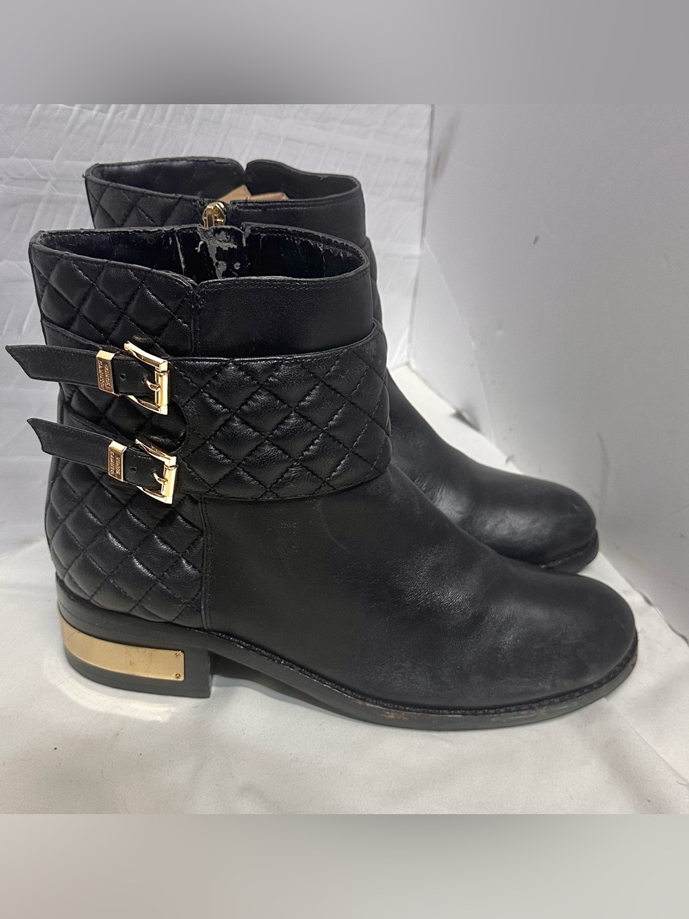 Vince Camuto Genuine Leather Black Quilted Ankle Booties with Gold Buckle Detail